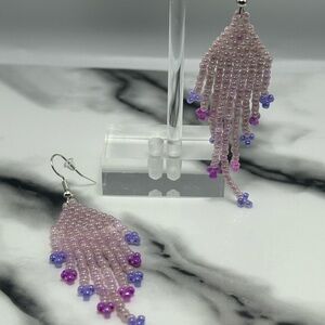 Pink & Purple Flower-Tip Fringe Earrings